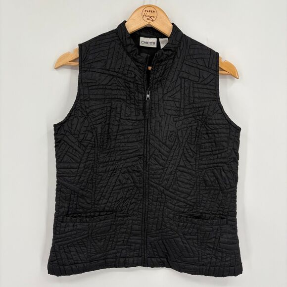 Chico's Lightweight Quilted Black Vest Chico's Size 0 (Small/4) Zip Up Abstract - Picture 1 of 8